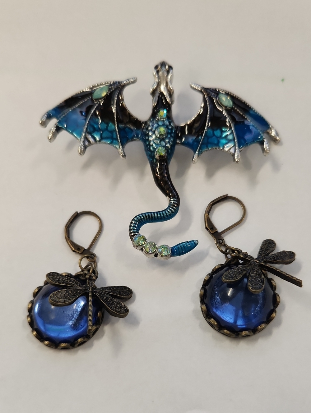 Blue Dragon Brooch and Dragonfly Glass Drop Earrings Set